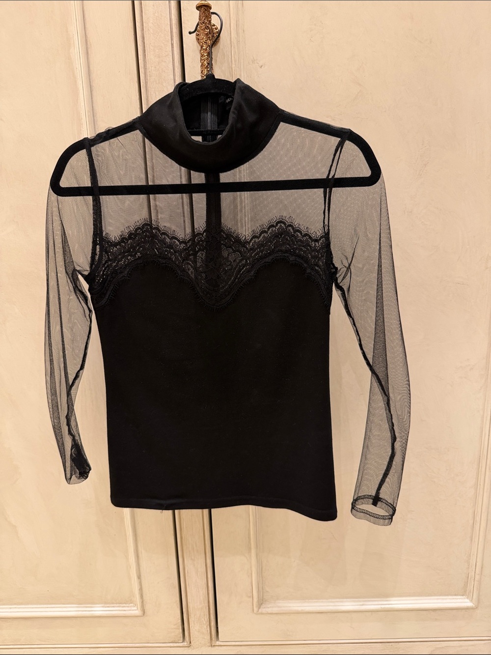 Generation Love Black Sheer Lace-Trim Mock Neck Top